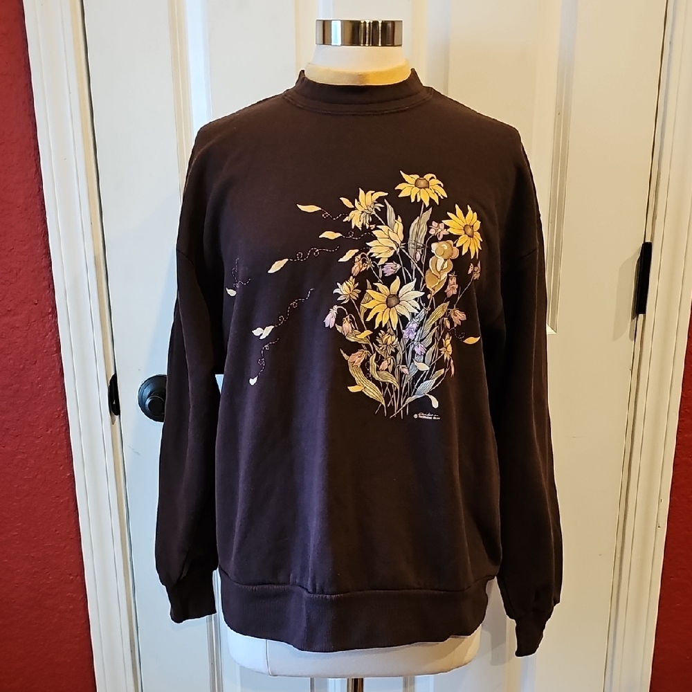Vintage 90s Morning Sun Floral Mouse Oversized Sweatshirt Brown sz L Women's